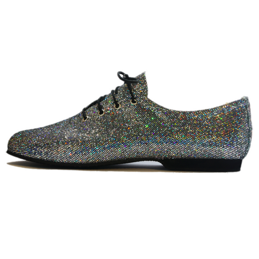 SILVER HOLOGRAM ON BLACK LACE UP RUBBER SOLE JAZZ DANCE SHOES - SIZE 4
