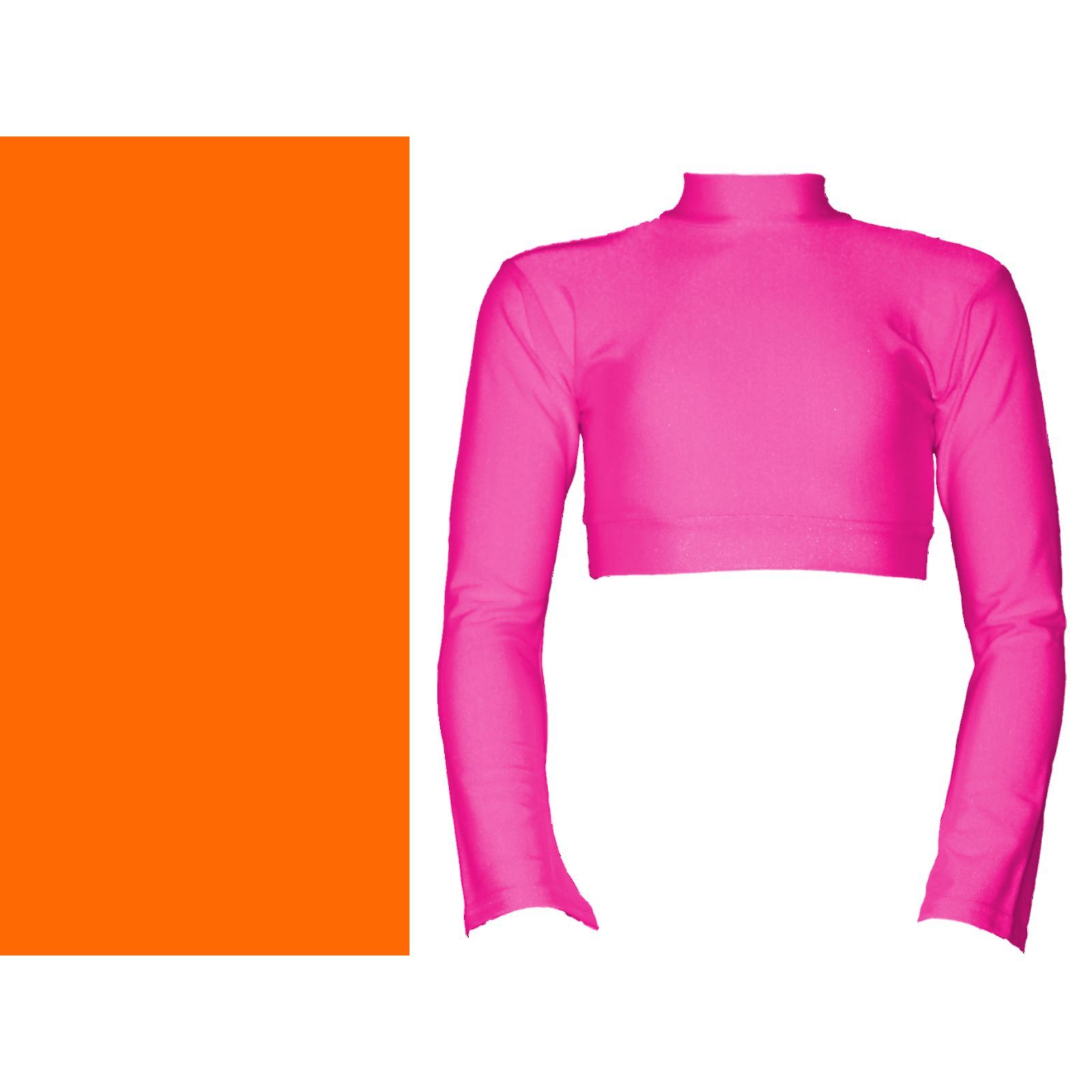 JEMMA - LONG FLARED SLEEVE POLO NECK CROP TOP Dancewear Dancers World Fluorescent Orange 5 (Size 12-14) 