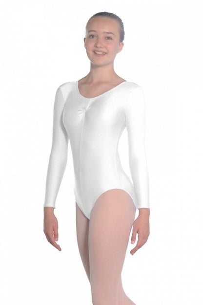 ROCH VALLEY MARTENE WHITE LONG SLEEVE LEOTARD WITH FRONT GATHER - SIZE –  Click Dancewear