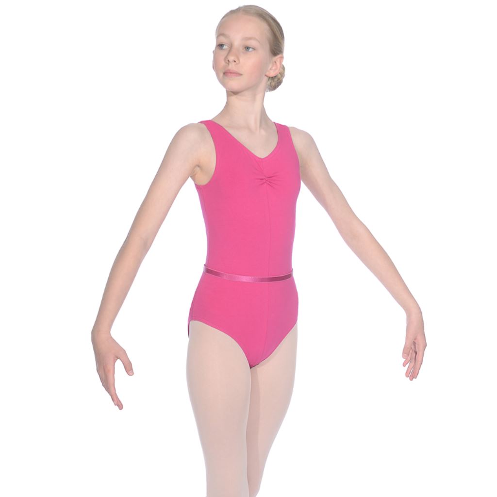 ROCH VALLEY MULBERRY COTTON SLEEVELESS GATHERED FRONT LEOTARD WITH BELT - GRADES 3, 4 & 5 Dancewear Roch Valley Mulberry 1 (Age 5-6) 